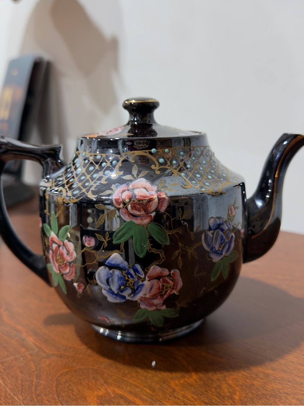 Antique Early 1900s English Teapot - Brown w Painted Floral Design-Gibson & Sons